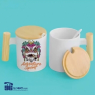 تصویر  ماگ سرامیکی درب چوبی قاشق دار 