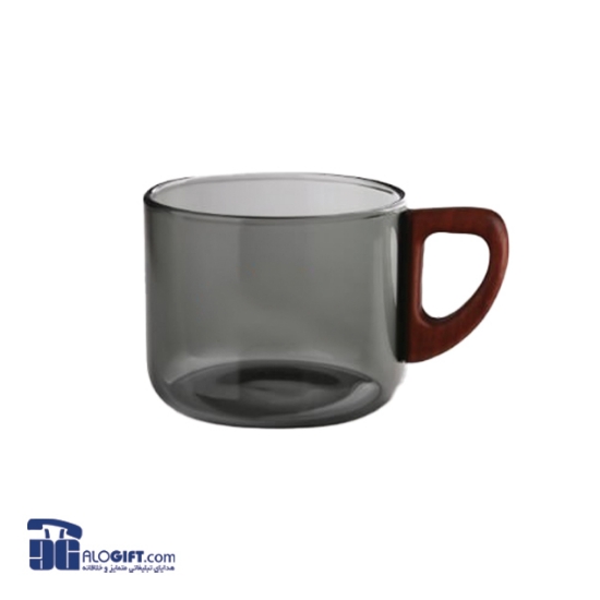 تصویر  فنجان  شیشه ای دودی دسته چوبی 